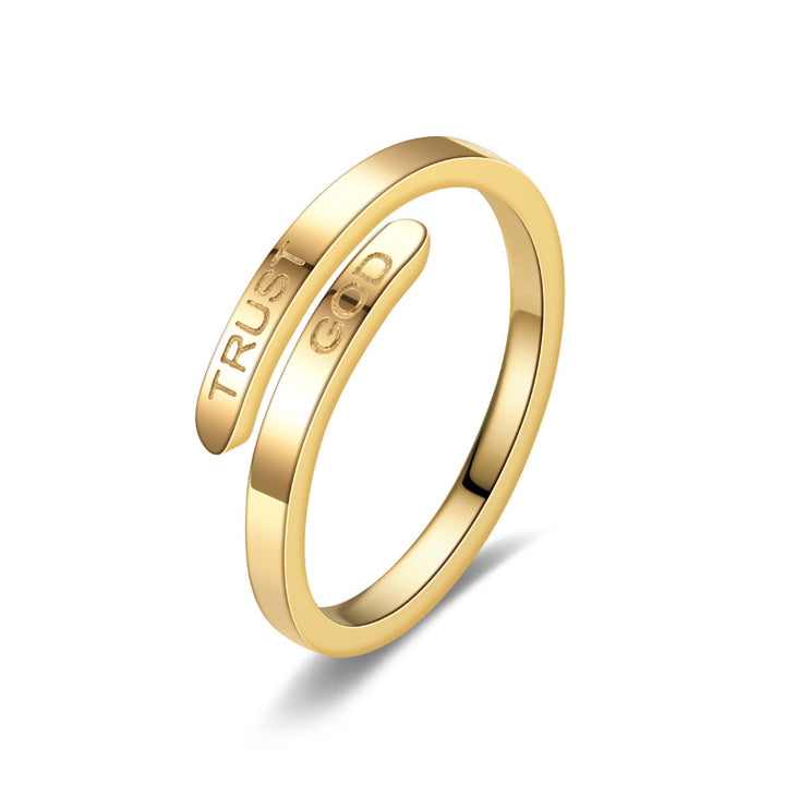 TRUST GOD Engraved Open Adjustable Wrap Ring, Minimalist Christian Faith Inspirational Stackable Band