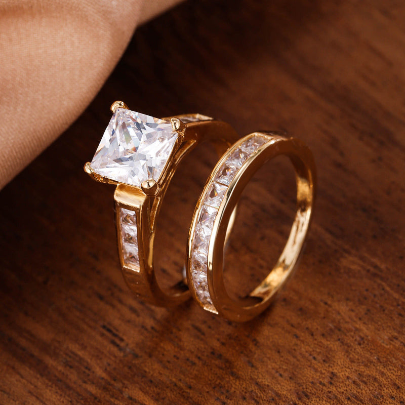 4-Prong Princess Cut Stack Bridal Ring Set, Channel Side Stone Yellow Gold & Silver Classic Wedding Ring