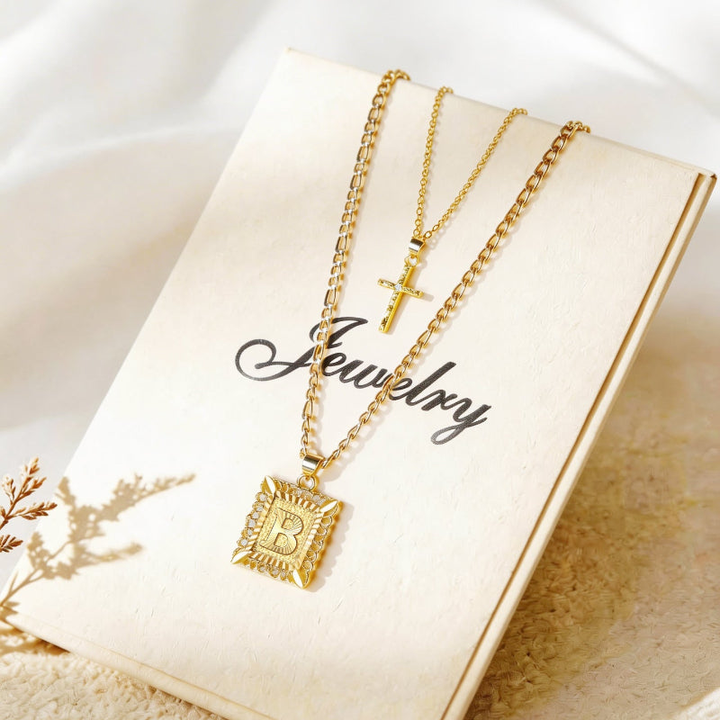 Stacked A-Z Initial Cross Diamond Necklace, Figaro & Thin Cable Chain Personalized Hip Hop Faith Statement Jewelry