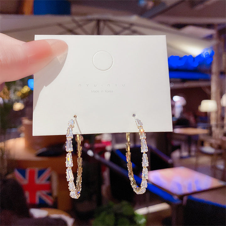 Baguette Diamond Open C-Hoop Earrings, Gold Sparkly Minimal Statement Party Ear Jewelry
