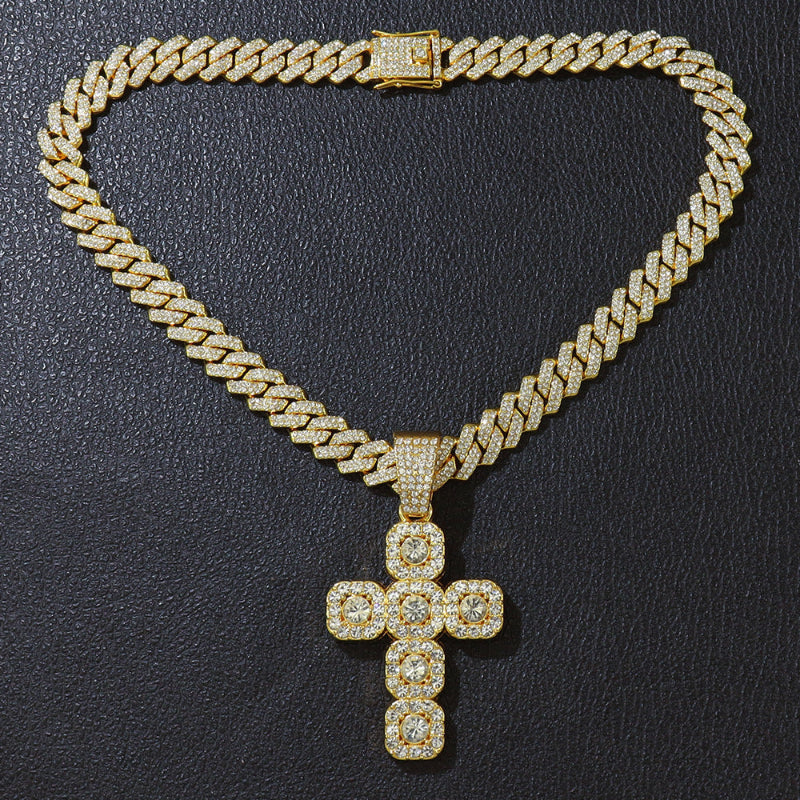 Halo Square Cluster Diamond Cross Pendant Cuban Link Necklace, Hip Hop Faith Religious Statement Jewelry