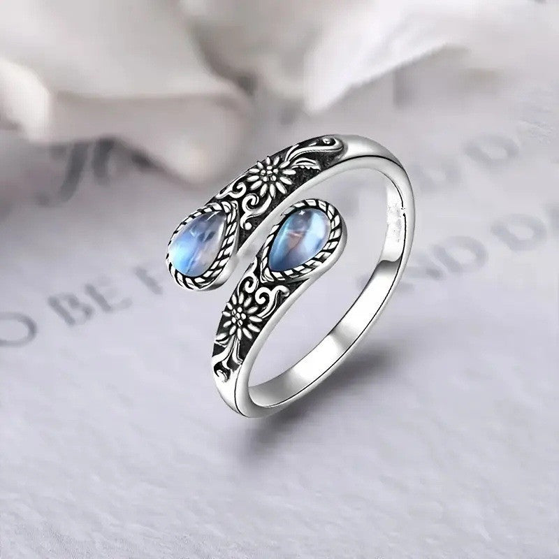 Vintage Flower Open Adjustable Teardrop Gemstone Ring