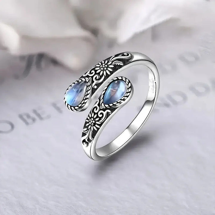 Vintage Flower Open Adjustable Teardrop Gemstone Ring