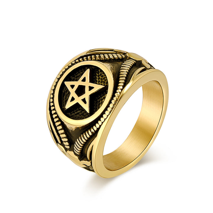 Vintage Pentagram Signet Ring, 3 Finishes Ornate Border Men’s Vintage Occult Amulet Ring