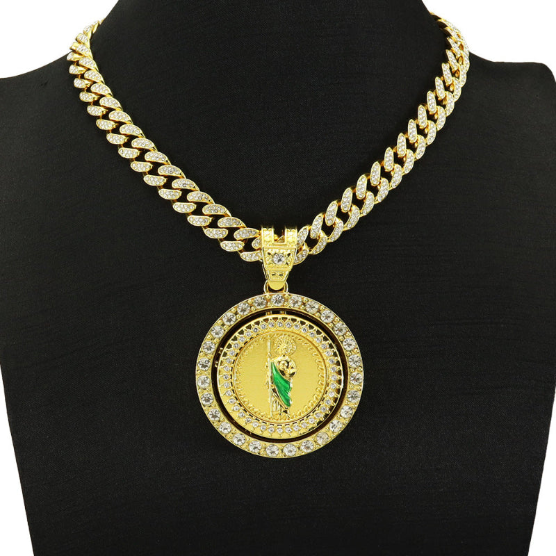 Rotatable Round Diamond Pendant Cuban Chain Necklace & Cuban Bracelet Unisex Religious Hip Hop Statement Jewelry