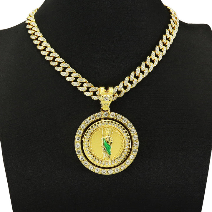 Rotatable Round Diamond Pendant Cuban Chain Necklace & Cuban Bracelet Unisex Religious Hip Hop Statement Jewelry