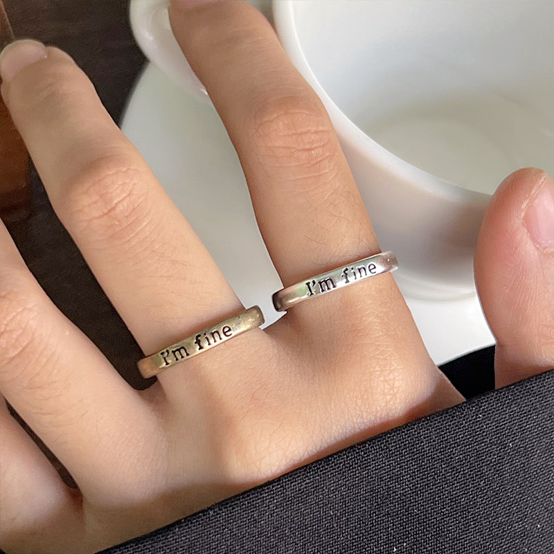 "I'm fine" Engraved Slim Open Ring, Vintage Two-Tone Stackable Text Statement Rings For Women
