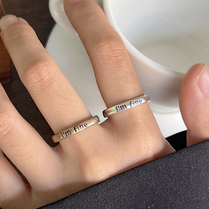 "I'm fine" Engraved Slim Open Ring, Vintage Two-Tone Stackable Text Statement Rings For Women