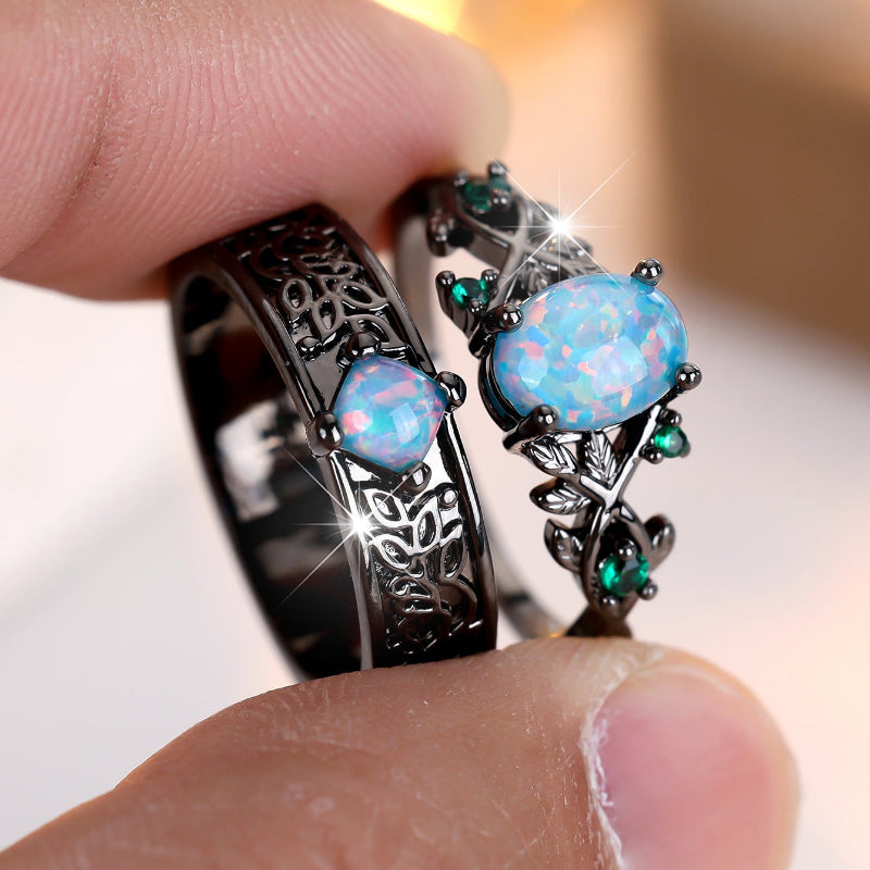 Vine Leaf Couple Ring Set, Gothic Forest Floral Matching His & Hers Promise Wedding Bands