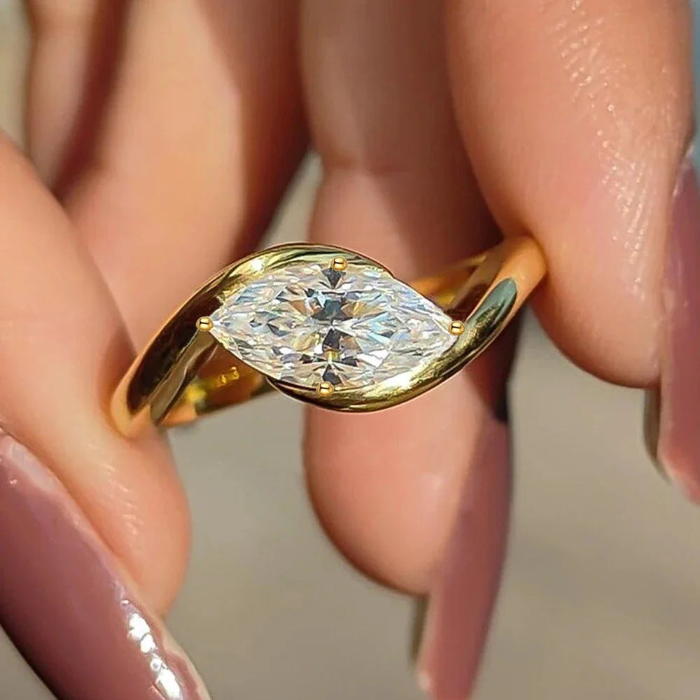 French Style Marquise Cut Diamond Ring, Twisted Band Design, Elegant Statement Ring for Women