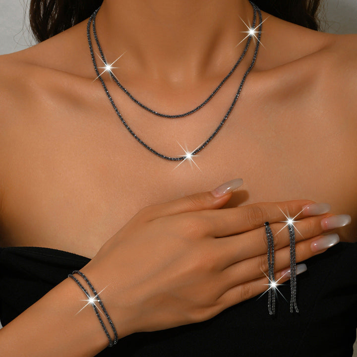 Shimmer Layered Diamond Chain Jewelry Set, Fashionable Double-Layer Stacked Starry Sky Necklace, Earrings, and Bracelet