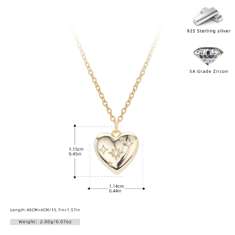 Star Engraved Puffy Heart Pendant Necklace, Dainty Celestial Collarbone Chain