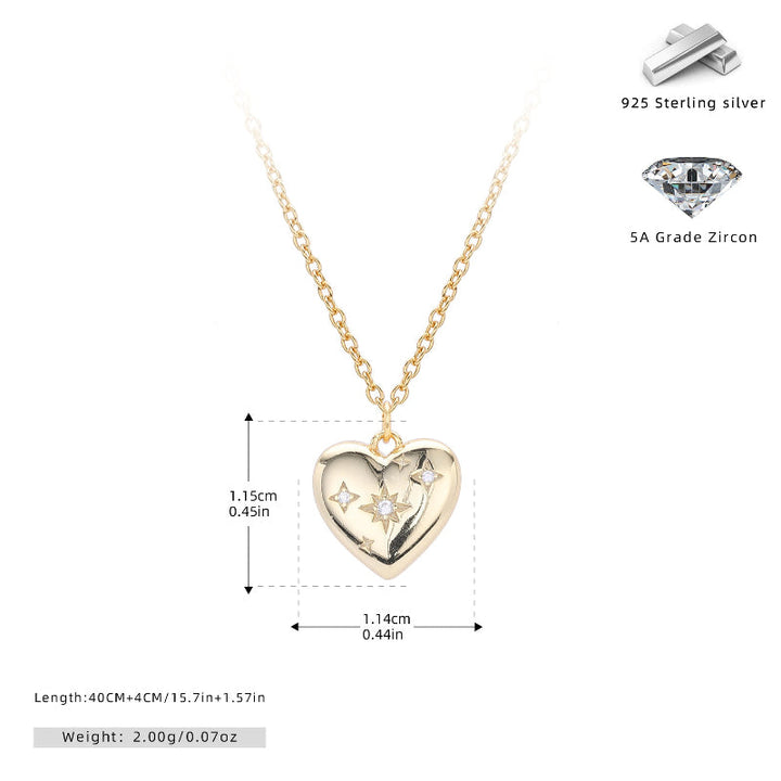 Star Engraved Puffy Heart Pendant Necklace, Dainty Celestial Collarbone Chain