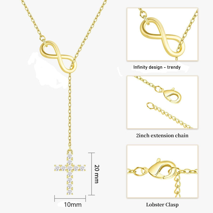 Infinity Y‑Drop Cross Necklace, Dainty Lariat Necklace With Paved Diamond Cross Pendant