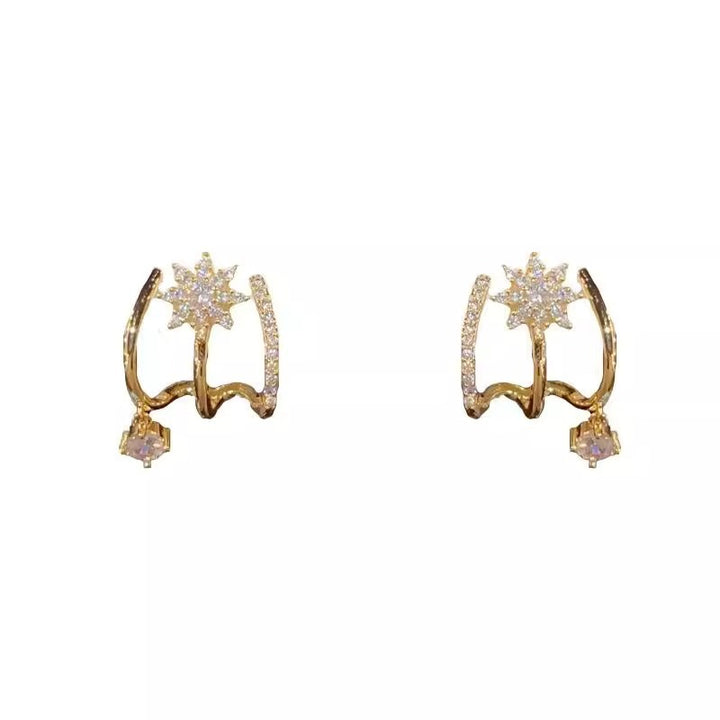Luxury Minimalist Super Sparkling Eight-Pointed Star Earrings, Multi‑Band Design With Dangling Diamond Drop