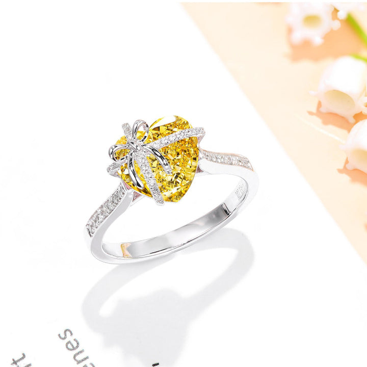 Bow‑Wrapped Heart‑Shaped Gem & Diamond Ring, Dainty Gift‑Inspired Statement Adjustable Opening Ring for Women