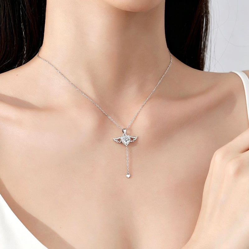 Angel Wing Heart Halo Lariat Drop Silver Necklace, Movable Winged Collarbone Necklace