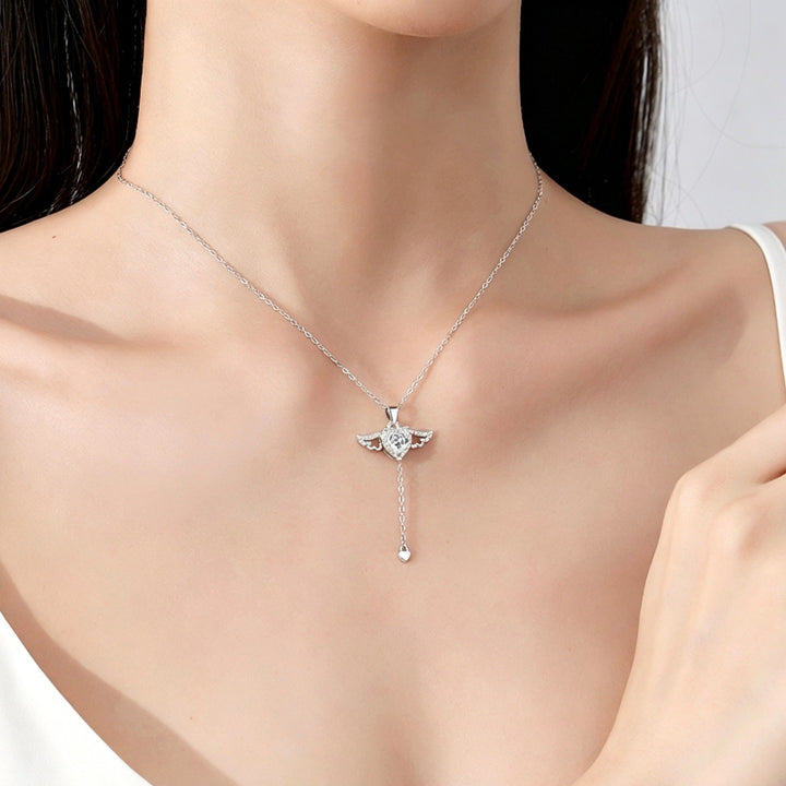 Angel Wing Heart Halo Lariat Drop Silver Necklace, Movable Winged Collarbone Necklace