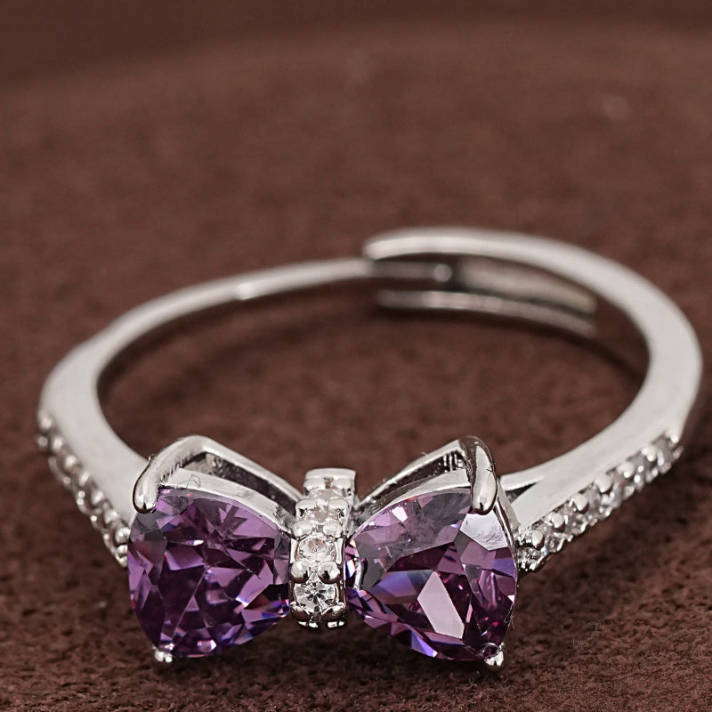 Bow‑Shaped Heart Gem & Diamond Adjustable Open Ring, Elegant Color Statement Ring for Women