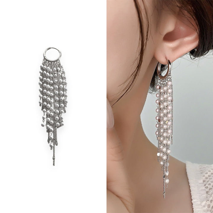 Elegant Long Pearl Tassel Hoop Earrings, Multi‑Layer Fringe Drop Earrings for Women