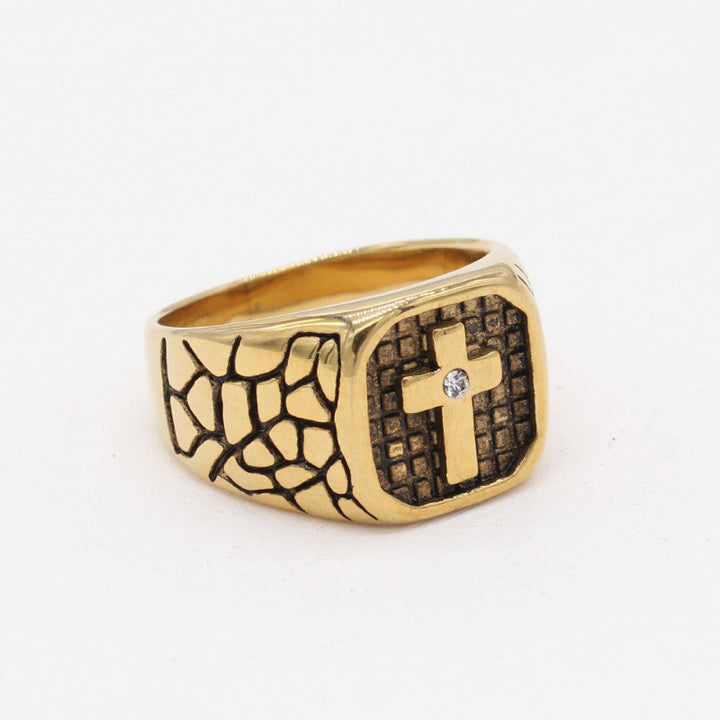 Vintage Textured Cross Signet Ring with Inlaid Diamond, Men’s Bold Statement Ring