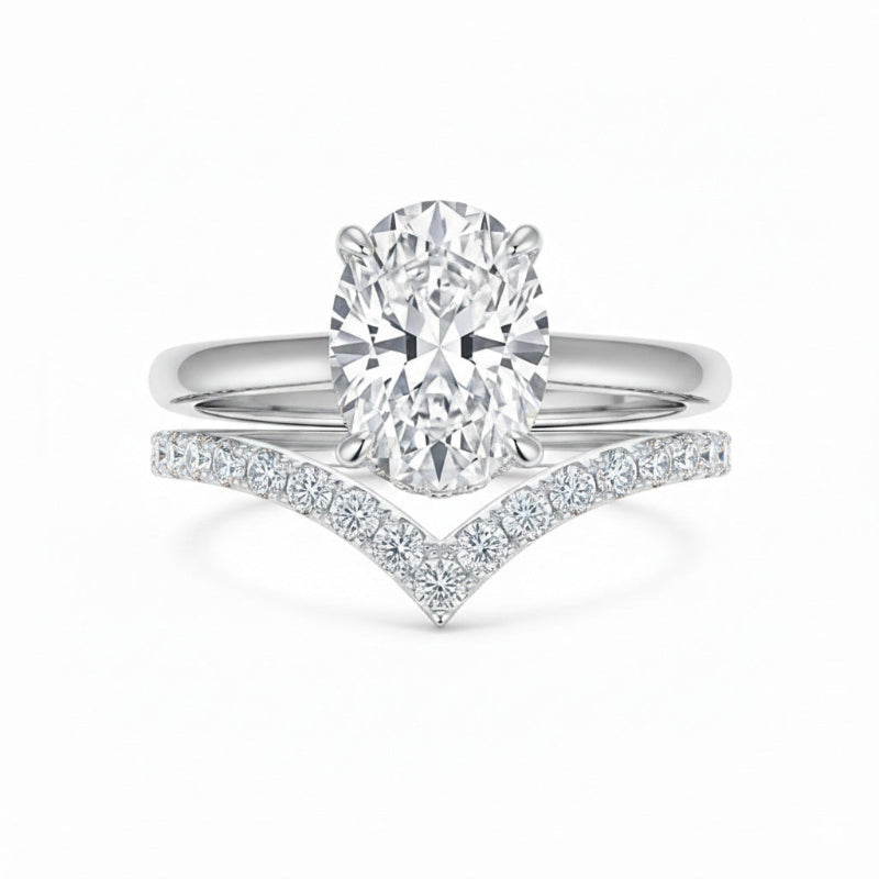 Oval 4-Prong Solitaire Engagement Ring, Pave V-Shaped Wedding Band Bridal Matching Stack Jewelry
