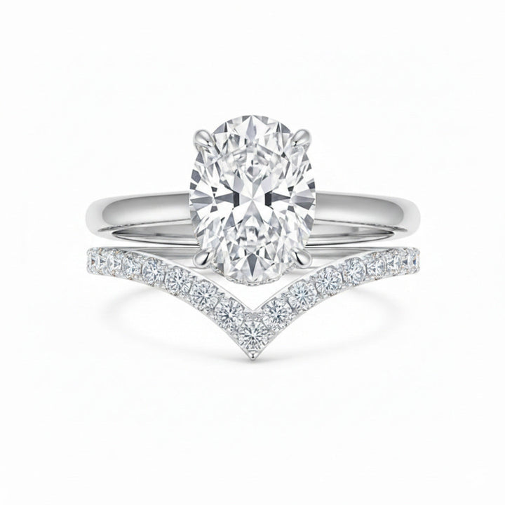 Oval 4-Prong Solitaire Engagement Ring, Pave V-Shaped Wedding Band Bridal Matching Stack Jewelry