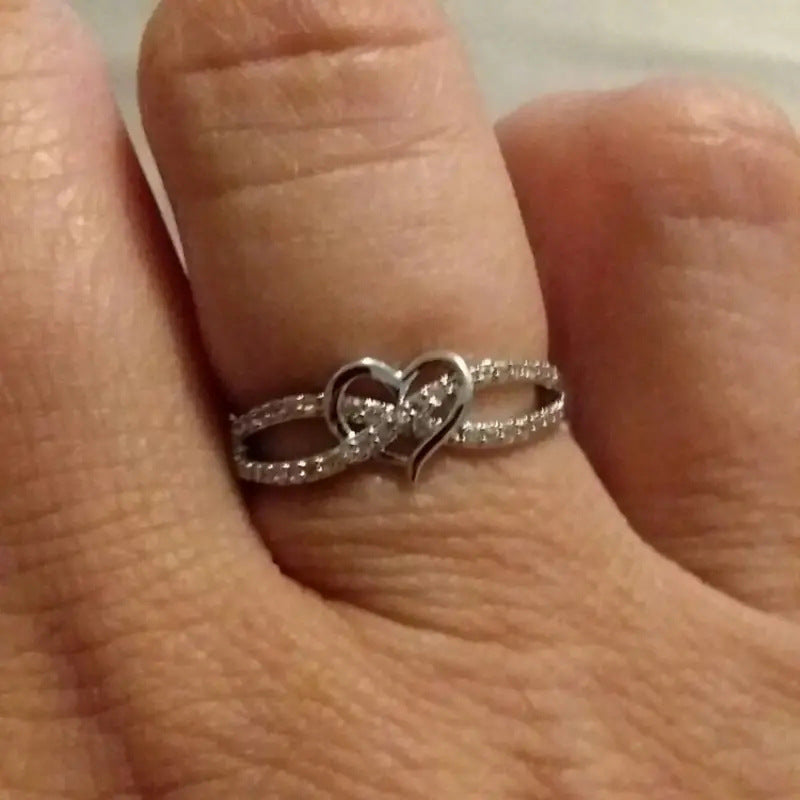 Infinity Intertwined Heart Double Pave Band Promise Ring, 2-Tone Dainty Love Stackable Ring For Women