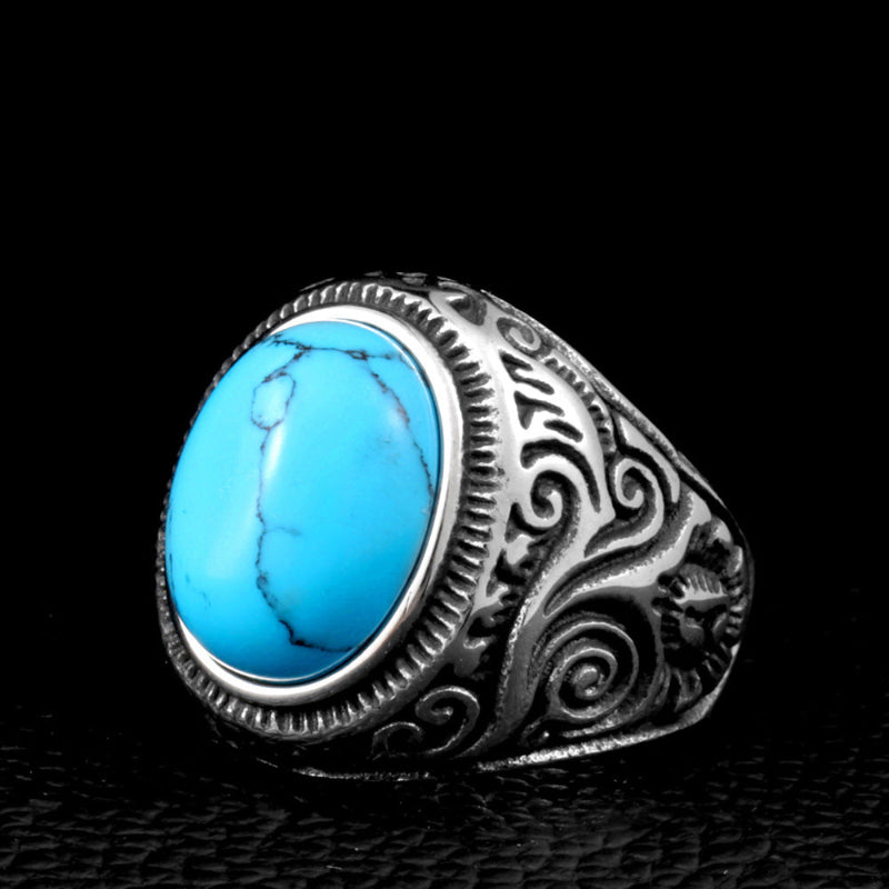 Vintage Carved Signet Ring, Oval Turquoise &amp; Black Onyx Gemstone Men’s Statement Ring
