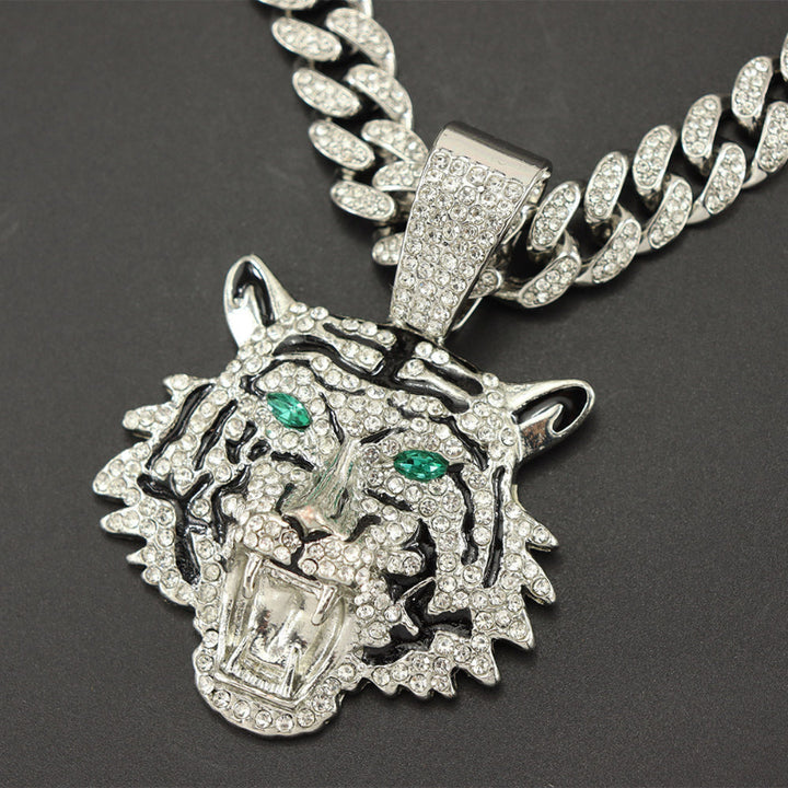 Hip-hop Style Iced‑Out Roaring Tiger Head Diamond Pendant with Cuban Link Chain