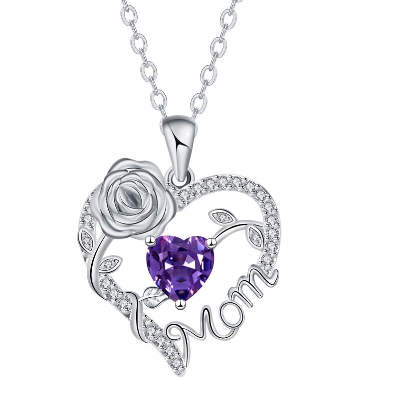Mom Rose Heart Diamond Pendant Necklace, Hollow Open Heart Floral Jewelry Gift For Mother’s Day Birthday