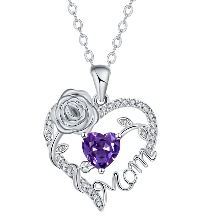 Mom Rose Heart Diamond Pendant Necklace, Hollow Open Heart Floral Jewelry Gift For Mother’s Day Birthday