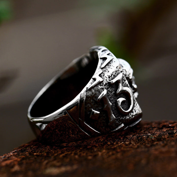 Vintage 3D Skull Signet Ring, Antique Oxidized Symbol‑Engraved Unisex Biker Statement Ring