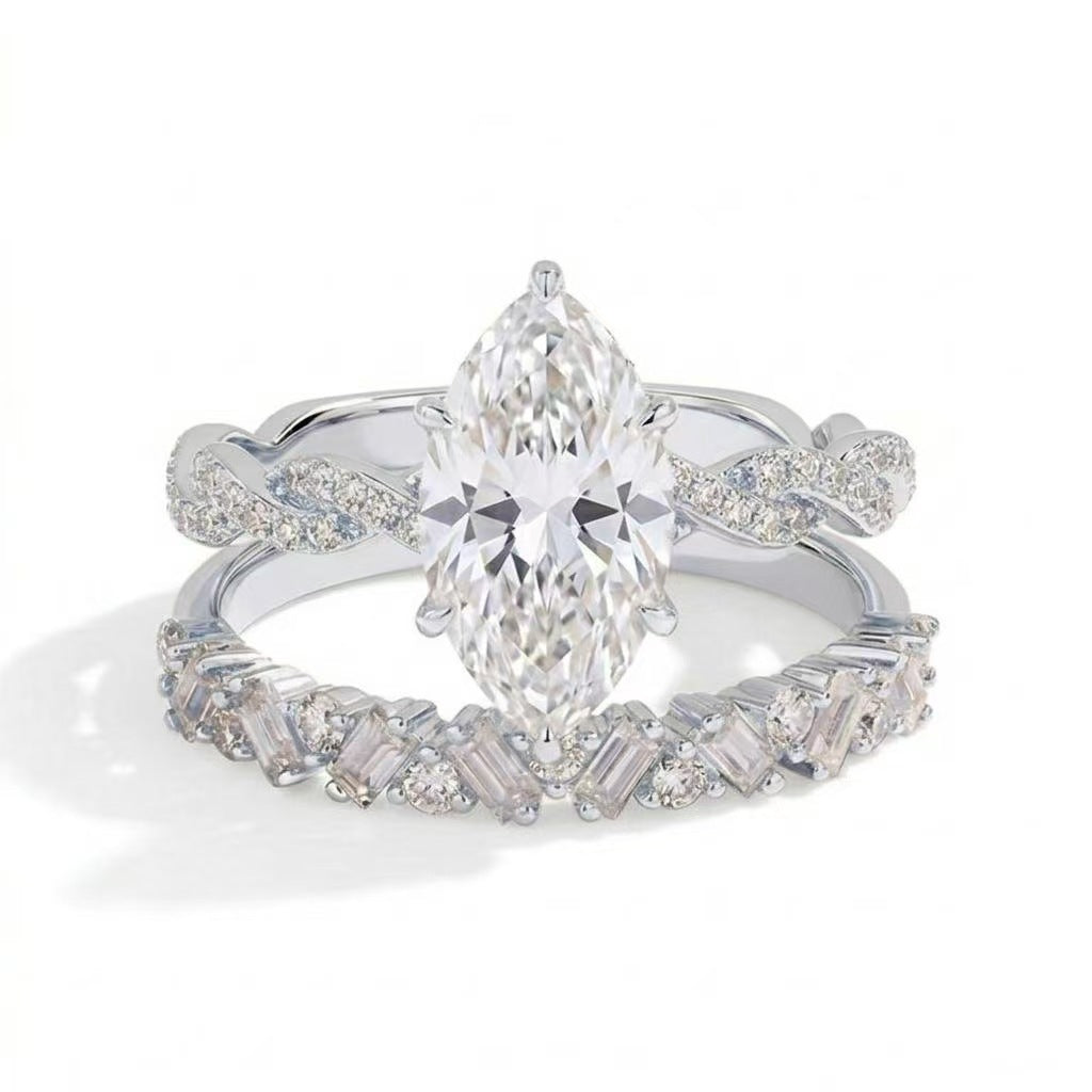 Marquise Cut 5A Grade Diamond Ring Set, Hypoallergenic Bridal 2-Piece Ring for Women