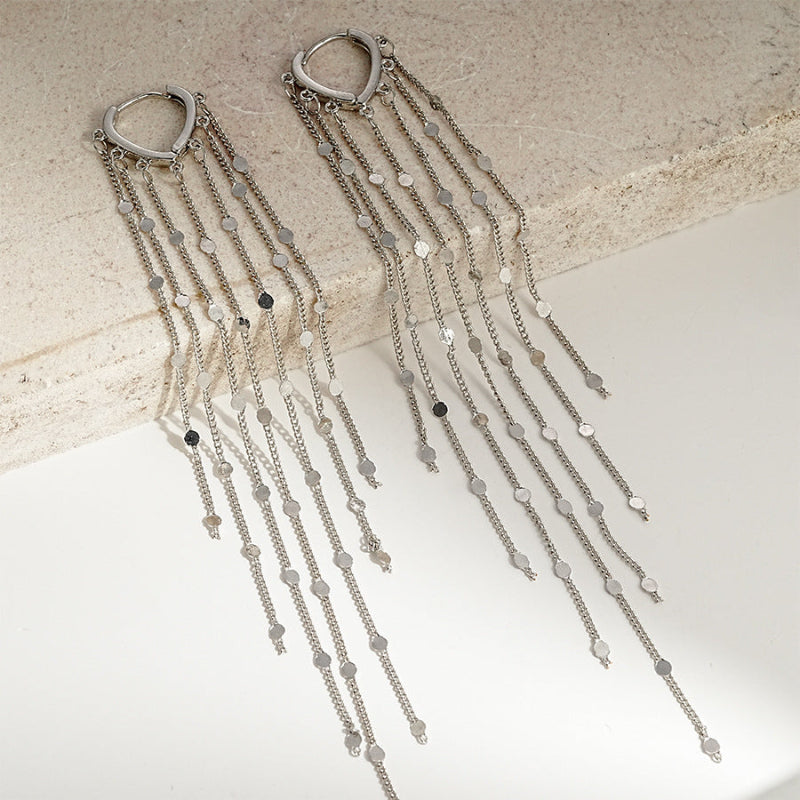 Teardrop Hoop Sequins Tassel Drop Earrings, Long Dangle Shimmer Party Stackable Statement Ear Jewelry