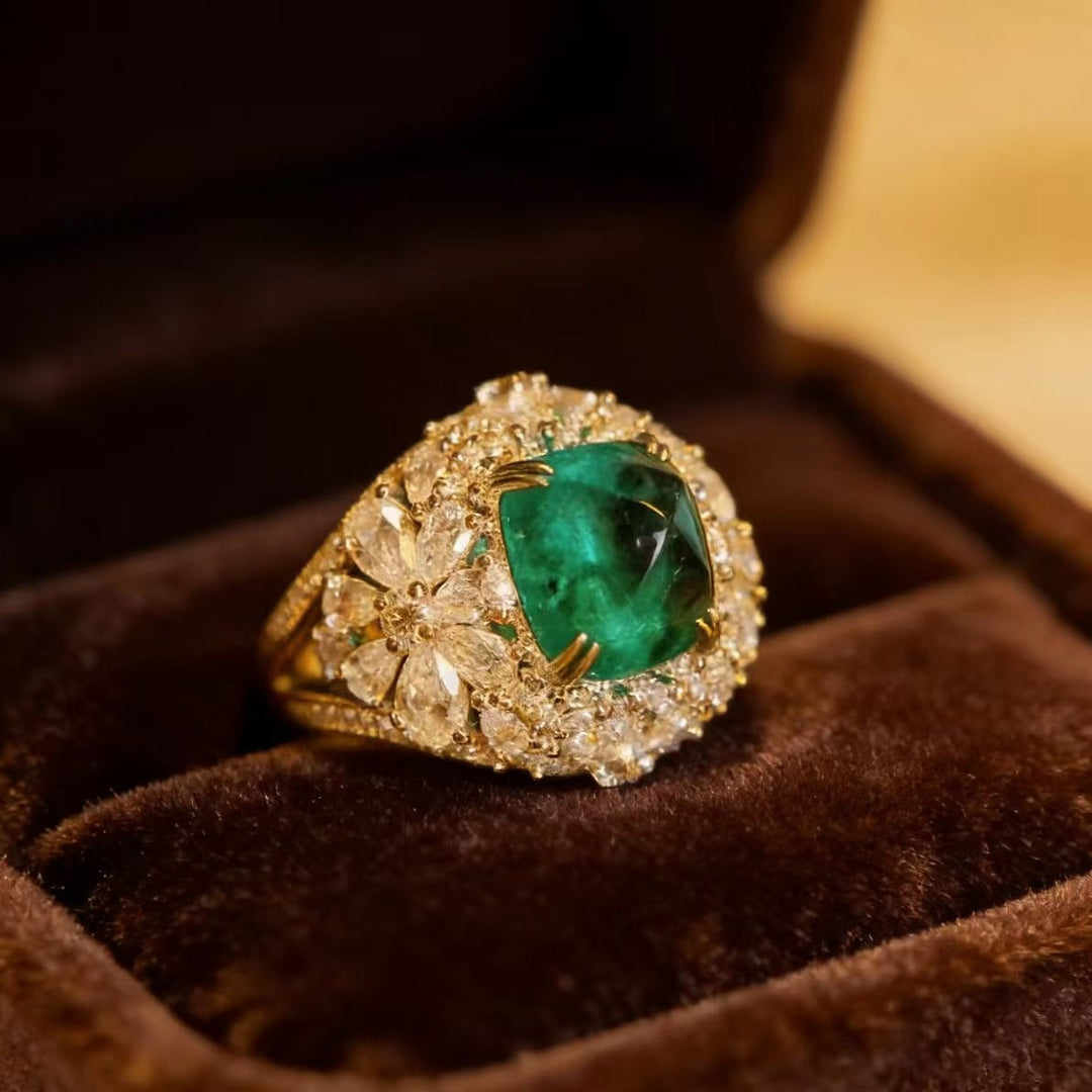 Cushion Emerald Halo Floral Cocktail Ring, 3-Tone Luxury Gem Statement Ring For Women