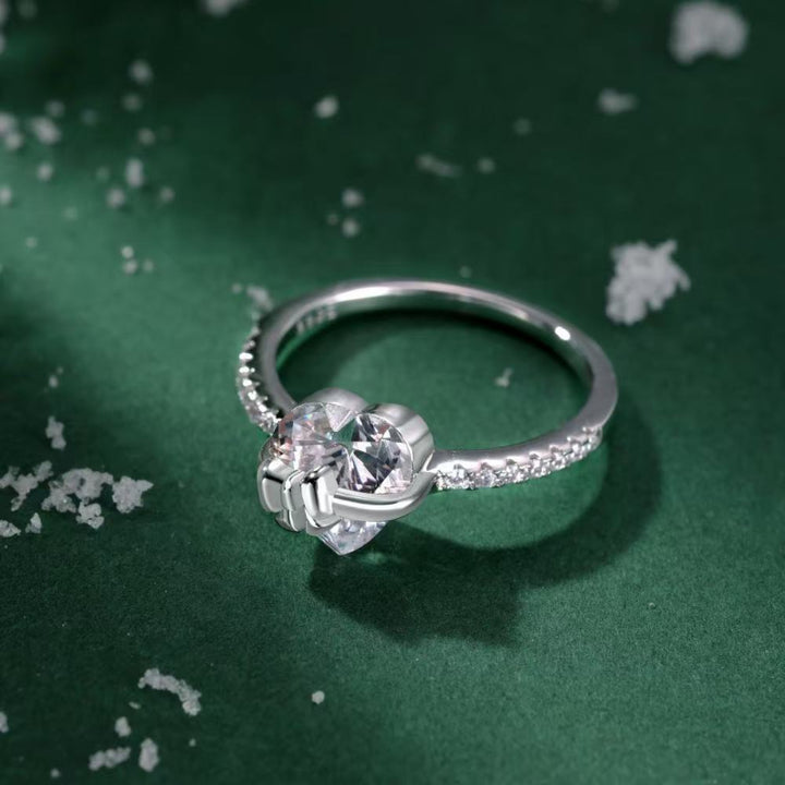 3D Heart Bow Diamond Pave Band Gold Promise Ring, Coquette Romantic Love For Women