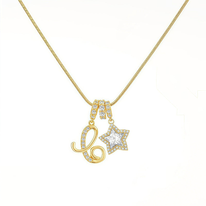 Cursive Initial Letter Diamond Star Pendant Necklace, 26‑Alphabet Snake Chain Necklace