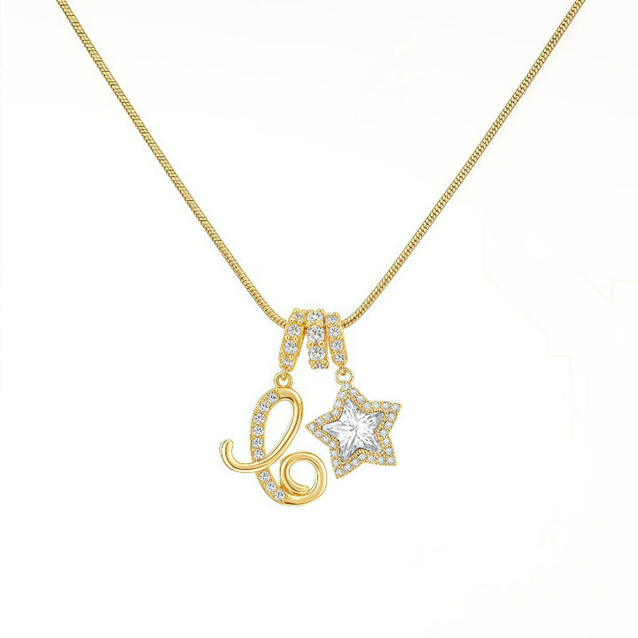Cursive Initial Letter Diamond Star Pendant Necklace, 26‑Alphabet Snake Chain Necklace