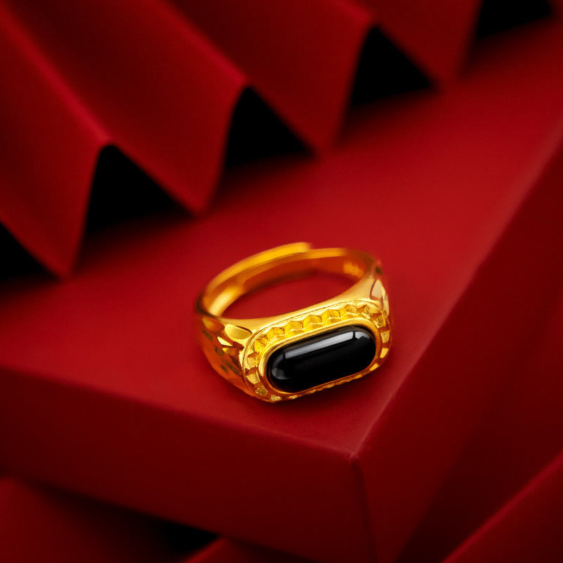 Vintage Rectangular Stone Signet Ring, Ethnic-style Statement Ring, Adjustable Band Jewelry for Men