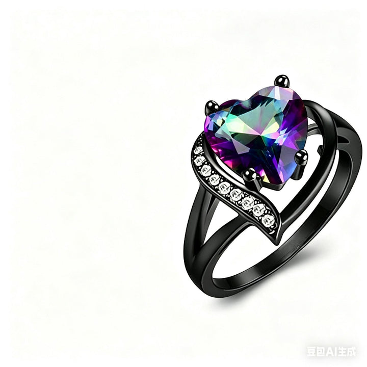Black Tungsten Galaxy Inlay & Heart Gem Ring Collection, Gothic Promise Wedding Band Sets