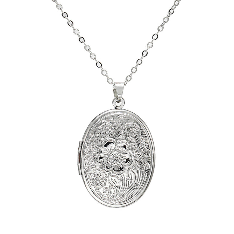 Vintage Floral Engraved Photo Locket Necklace, Stylish Patterned Collarbone Necklace