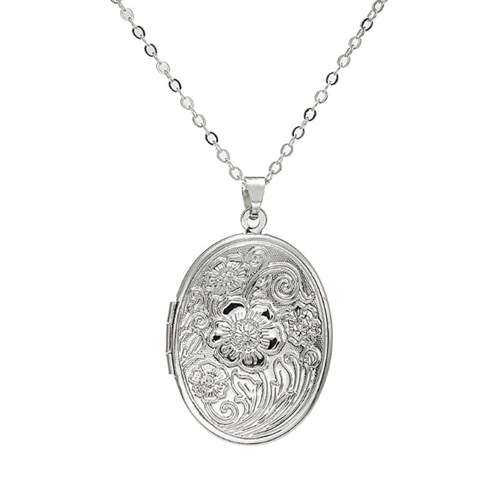 Vintage Floral Engraved Photo Locket Necklace, Stylish Patterned Collarbone Necklace