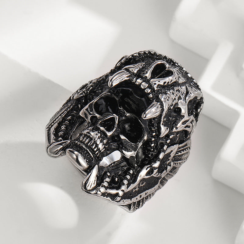 Vintage Carved Skull Totem Men’s Closed Band Ring, Distressed Punk-Style Ring