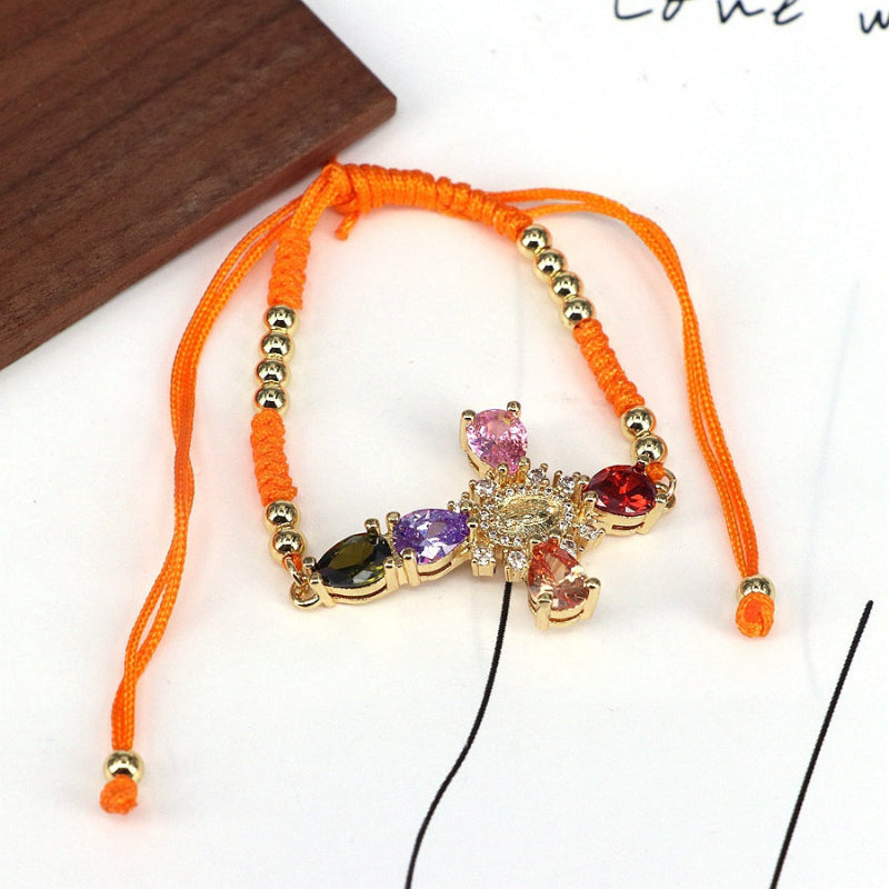 Hand Woven Adjustable String Bracelet, Gold Frame Multi Teardrop Diamond Woven Bracelet Bohemian Wrist Jewelry