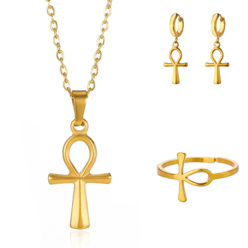 Jewelry Matching Set, Necklace Hoop Earrings Open Ring Vintage Religious Statement Stackable Accessory Kit