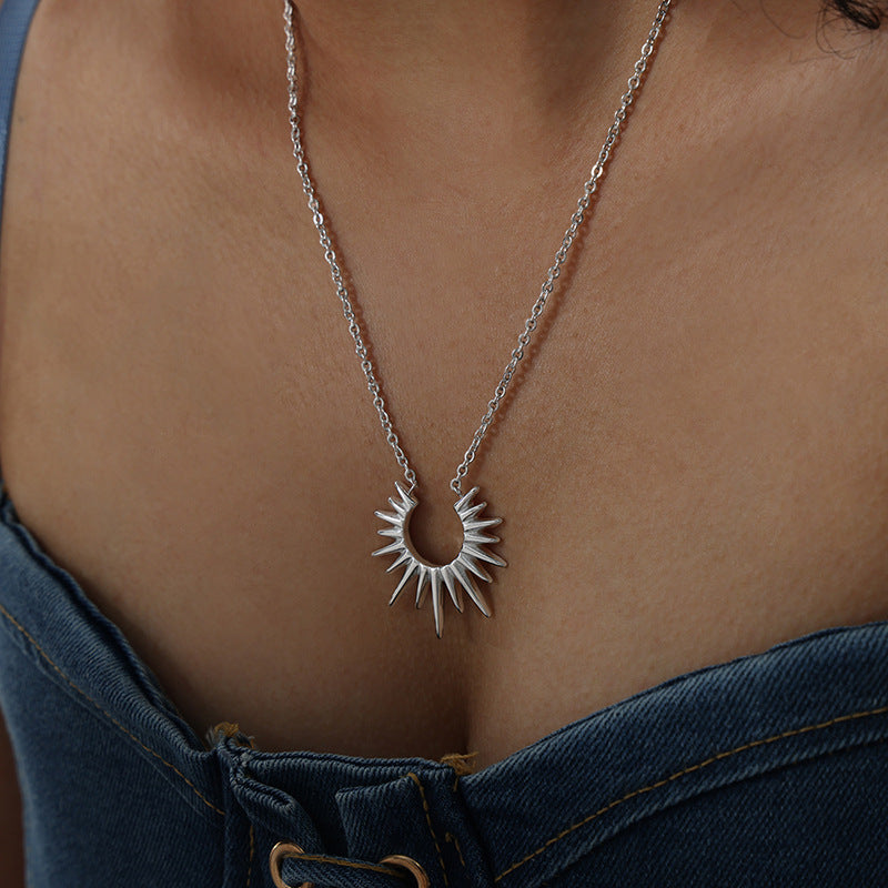 Crescent Sunburst Dainty Pendant Necklace, 18K Gold Silver Minimal Solar Collarbone Chain
