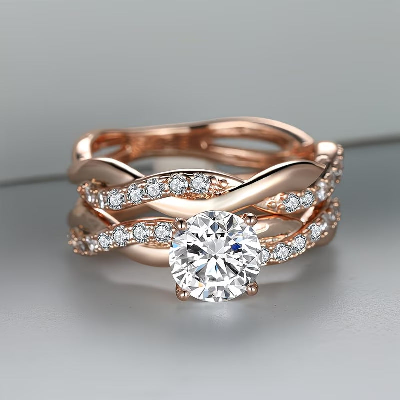 Twisted Split Shank Bridal Ring Duo, Round Solitaire Pave Stackable Engagement & Wedding Band Set