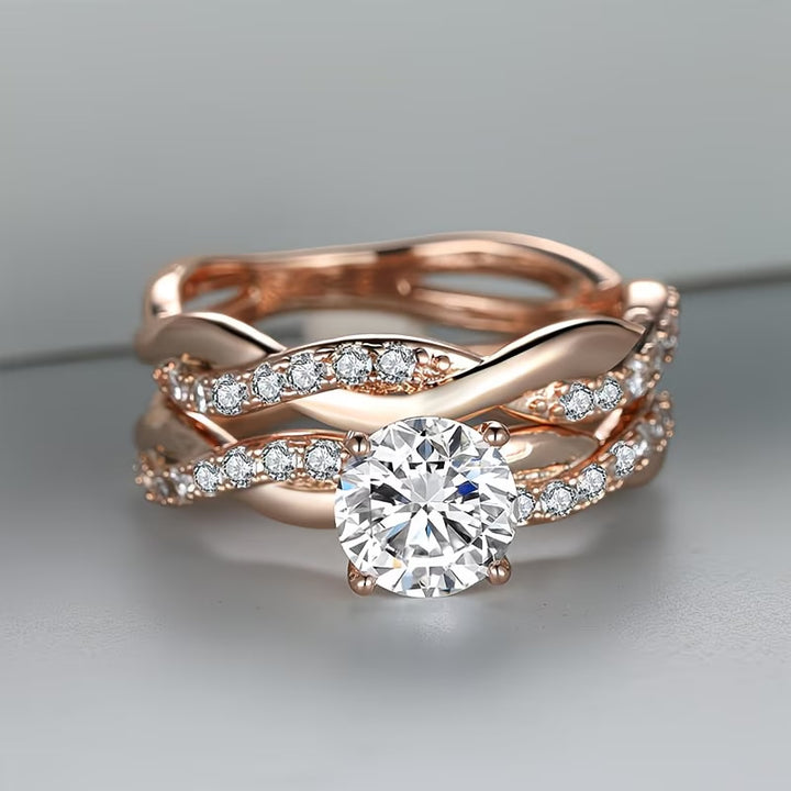 Twisted Split Shank Bridal Ring Duo, Round Solitaire Pave Stackable Engagement & Wedding Band Set