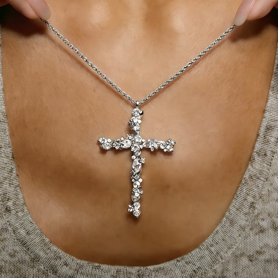 S925 &amp; 14K Floral Cross Diamond Rope Chain Necklace, Perfect Gift Choice For Women